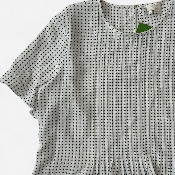 NWT KATE SPADE White Pin Dot Pleat Front 100% Silk Crepe Top Sz XL - Picture 3 of 6